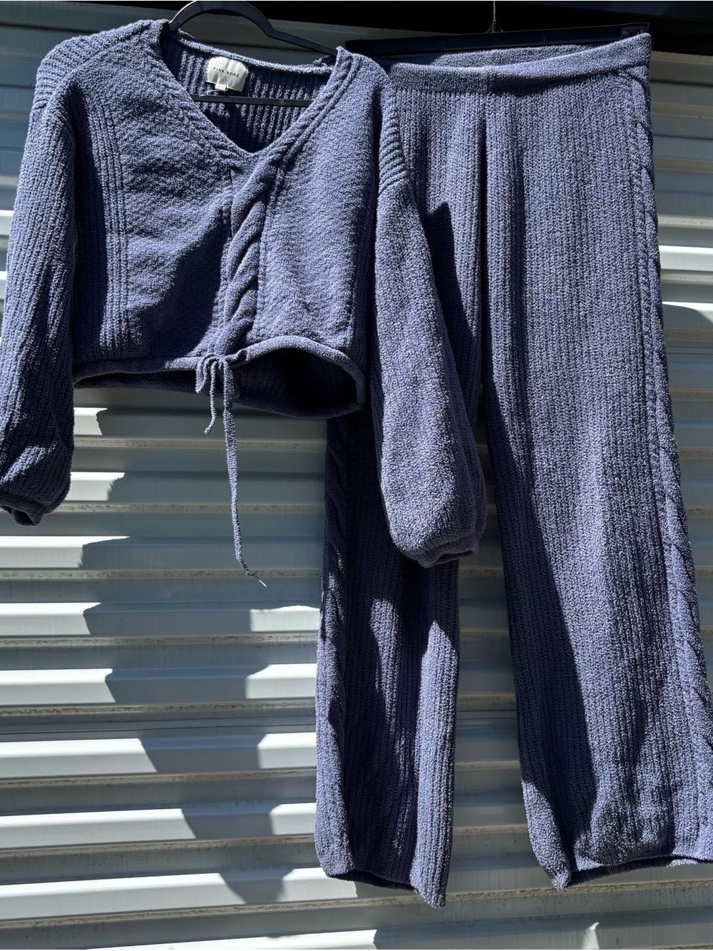 Pink Rose Blue Cozy Knit 2 Piece Lounge Set Wrap Top Pants Size Small